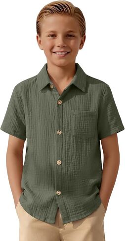 Boys Short Sleeve Shirts Button Down 100% Cotton Shirt for Kids Loose Dressy Top with Pocket Summer 5-14 Years in Kuwait