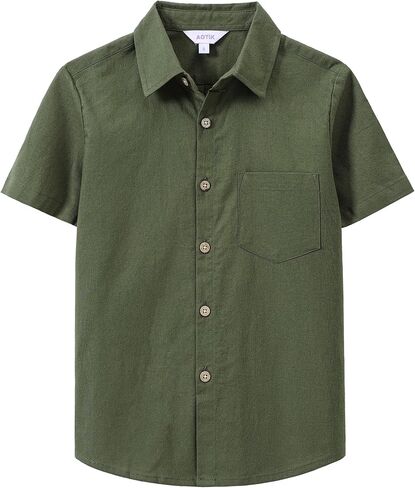Boys Linen Shirts Casual Button Down Shirt Short Sleeve Solid Button Up Shirt with Pocket for Kids in Kuwait