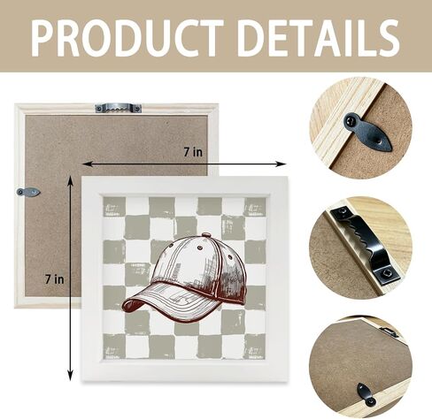HUILYFANDS Retro Baseball Cap Sports Nursery Wall Art, Baseball Room Decor for Boys, Sports Checkered Wall Decor Wooden Frame Hanging Decorations for Kids Boy Nursery Room Bedroom Playroom, 7x7 Inch in Saudi Arabia