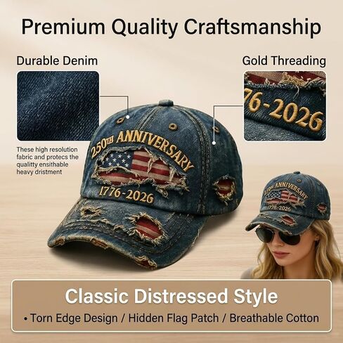 USA 250th Anniversary Distressed Casual Cap,250 Anniversary USA hat 1776-2026 Commemorative Baseball Cap,Commemorative American Heritage Grey in Kuwait