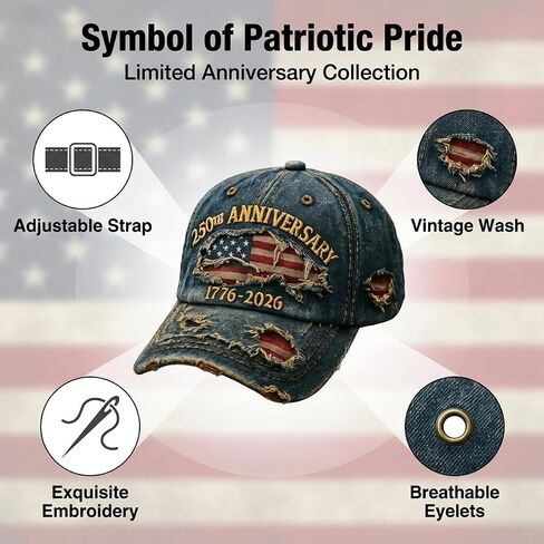 USA 250th Anniversary Distressed Casual Cap,250 Anniversary USA hat 1776-2026 Commemorative Baseball Cap,Commemorative American Heritage Grey in Kuwait