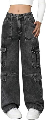 Girls Baggy Cargo Jeans, Y2K Straight Leg Denim Pants for 8-16, Elastic Waist Multi-Pocket Streetwear Trousers in Kuwait