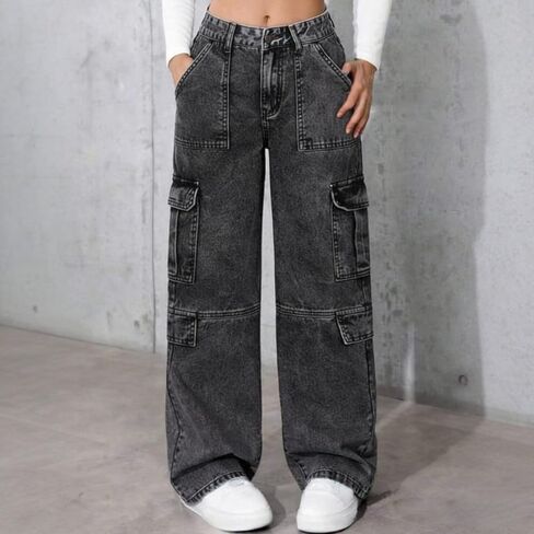 Girls Baggy Cargo Jeans, Y2K Straight Leg Denim Pants for 8-16, Elastic Waist Multi-Pocket Streetwear Trousers in Kuwait