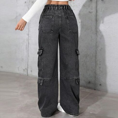 Girls Baggy Cargo Jeans, Y2K Straight Leg Denim Pants for 8-16, Elastic Waist Multi-Pocket Streetwear Trousers in Kuwait