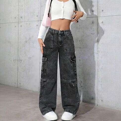 Girls Baggy Cargo Jeans, Y2K Straight Leg Denim Pants for 8-16, Elastic Waist Multi-Pocket Streetwear Trousers in Kuwait