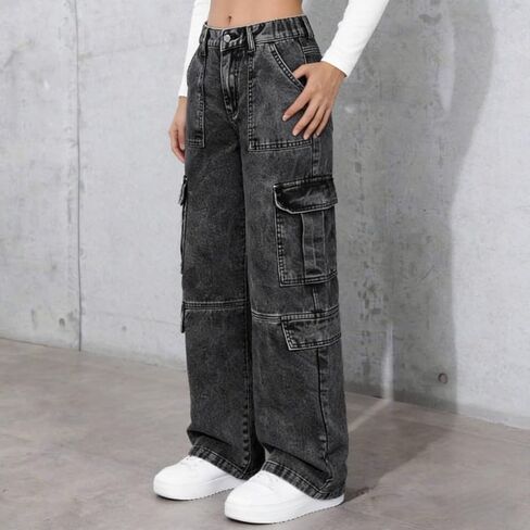 Girls Baggy Cargo Jeans, Y2K Straight Leg Denim Pants for 8-16, Elastic Waist Multi-Pocket Streetwear Trousers in Kuwait