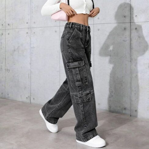Girls Baggy Cargo Jeans, Y2K Straight Leg Denim Pants for 8-16, Elastic Waist Multi-Pocket Streetwear Trousers in Kuwait