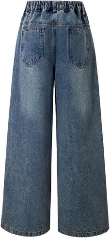 Nivne Tco Teen Girls Jeans Y2K Retro Washed Asymmetrical Elastic Waist & Zipper Fly Baggy Wide Leg Denim Pants with Pockets in Kuwait
