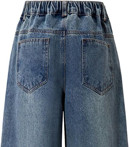 Nivne Tco Teen Girls Jeans Y2K Retro Washed Asymmetrical Elastic Waist & Zipper Fly Baggy Wide Leg Denim Pants with Pockets in Kuwait