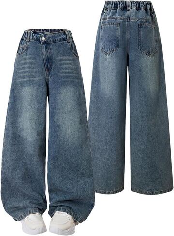 Nivne Tco Teen Girls Jeans Y2K Retro Washed Asymmetrical Elastic Waist & Zipper Fly Baggy Wide Leg Denim Pants with Pockets in Kuwait