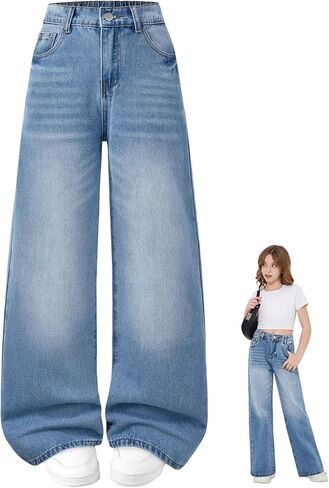 Jeans for Girls Baggy Wide Leg Elastic High Waisted Washed Denim Pants Cute Y2K Trendy Boyfriend Streetwear 7-14Y in Saudi Arabia