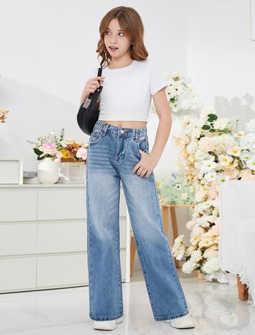 Jeans for Girls Baggy Wide Leg Elastic High Waisted Washed Denim Pants Cute Y2K Trendy Boyfriend Streetwear 7-14Y in Saudi Arabia