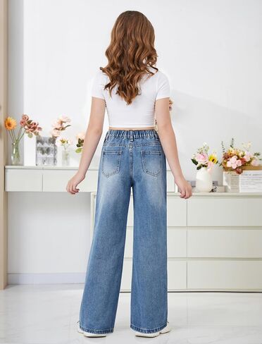 Jeans for Girls Baggy Wide Leg Elastic High Waisted Washed Denim Pants Cute Y2K Trendy Boyfriend Streetwear 7-14Y in Saudi Arabia