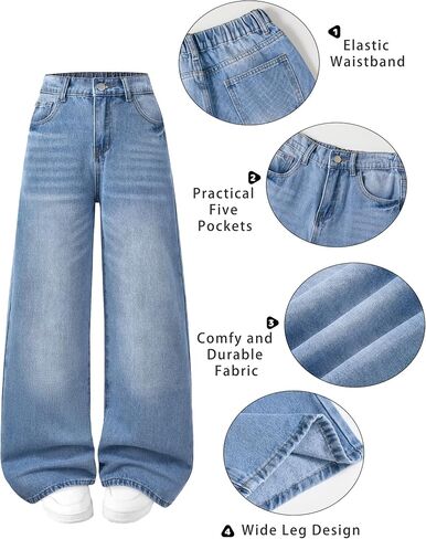 Jeans for Girls Baggy Wide Leg Elastic High Waisted Washed Denim Pants Cute Y2K Trendy Boyfriend Streetwear 7-14Y in Saudi Arabia