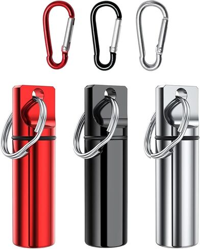 Small Portable Pill Box Keychain (3 Pack), Aluminium Alloy Mini Pill Organizer Case Container for Purse,Waterproof Metal Pill Holder Medicine Bottle for Outdoor Camping Travel(Black+Silver+Red) in Kuwait