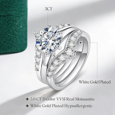 Moissanite Engagement Ring Bridal Set for Women, 3CT Round Cut D Color VVS1, 3-in-1 Wedding Ring Enhancer, Anniversary Promise Gift for Her with Certificate in Saudi Arabia