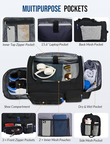 Gym Bag for Men Women with Shoes Compartment 3-in-1 Sports Travel Duffel Bag Multipurpose Weekender Overnight Backpack with Wet Pocket - Black in Saudi Arabia