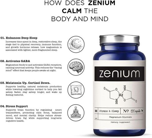 Zenium - Magnesium Glycinate for Sleep, Chelated, 600mg per Serving, 120 Capsules | High Absorption | Relieve Tension, Worry, Nervousness | Calm The Mind & Body | Ayurvedic | Natural Relief Supplement in Saudi Arabia