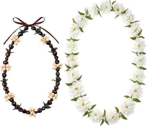 Riceshoot 2 Pcs Hawaiian Graduation Lei Set Kukui Nut Necklace Tropical Artificial Flower Gift for School College Grad Party in Saudi Arabia
