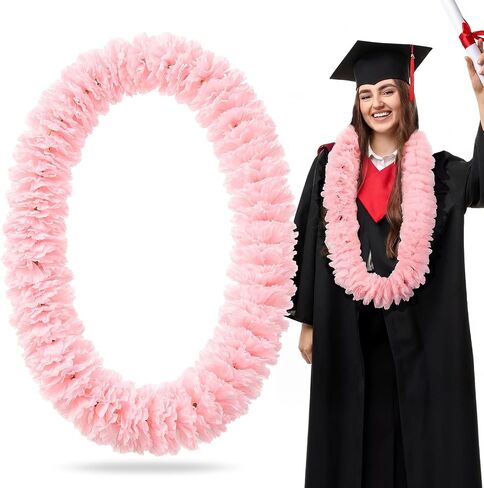 Yinder 44 بوصة هاواي التخرج Lei Carnations Lei، قلادة زهرة اصطناعية استوائية هدية لحفلة تخرج الكلية المدرسية (الوردي والأبيض) in Kuwait