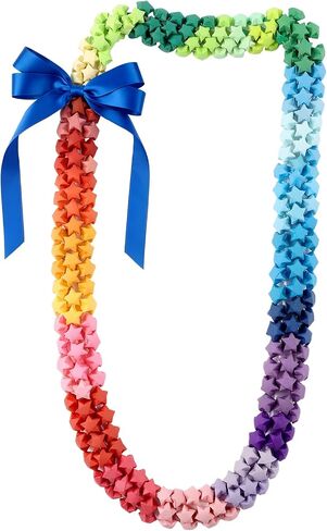 VioraWhite Graduation Origami Star Lei 47'' Lucky Wish Paper Star Lei for Class of 2026 Graduation Party Decor Rainbow Hawaiian Necklace with Bow for Man Woman Grad Party Gift in Kuwait