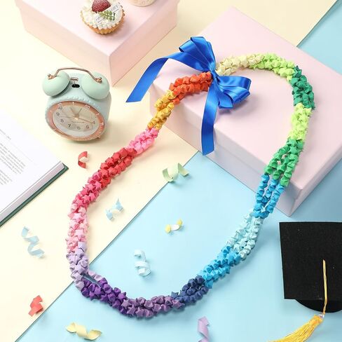 VioraWhite Graduation Origami Star Lei 47'' Lucky Wish Paper Star Lei for Class of 2026 Graduation Party Decor Rainbow Hawaiian Necklace with Bow for Man Woman Grad Party Gift in Kuwait