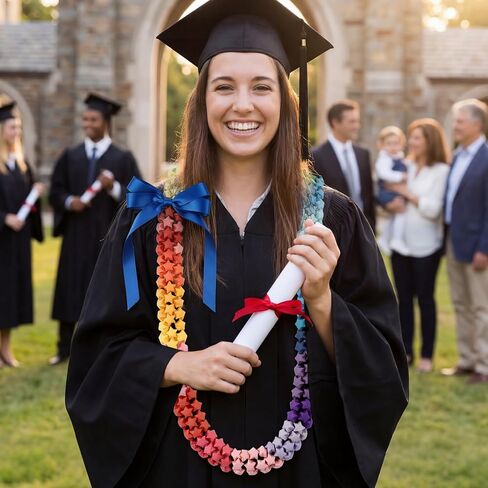 VioraWhite Graduation Origami Star Lei 47'' Lucky Wish Paper Star Lei for Class of 2026 Graduation Party Decor Rainbow Hawaiian Necklace with Bow for Man Woman Grad Party Gift in Kuwait
