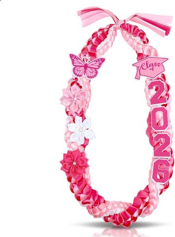 Lairyan 50" Graduation Leis Class of 2026 - Handmade Double Braided Graduation Ribbon Leis with Satin Flowers Glitter Pins for Women Graduation Ceremony Congrats Grad Gifts Party Supplies (Pink) in Saudi Arabia