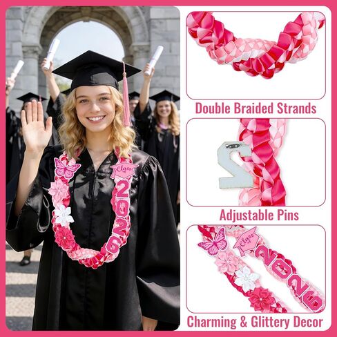 Lairyan 50" Graduation Leis Class of 2026 - Handmade Double Braided Graduation Ribbon Leis with Satin Flowers Glitter Pins for Women Graduation Ceremony Congrats Grad Gifts Party Supplies (Pink) in Saudi Arabia