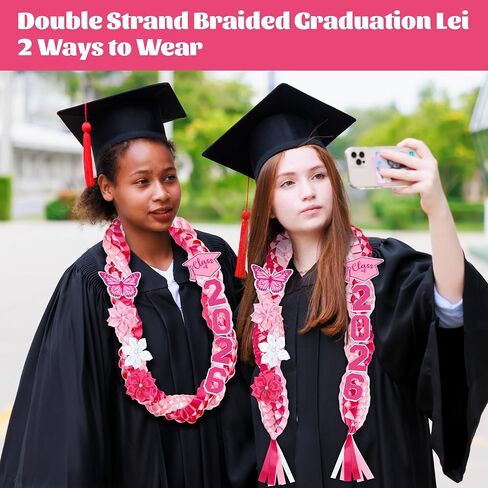 Lairyan 50" Graduation Leis Class of 2026 - Handmade Double Braided Graduation Ribbon Leis with Satin Flowers Glitter Pins for Women Graduation Ceremony Congrats Grad Gifts Party Supplies (Pink) in Saudi Arabia