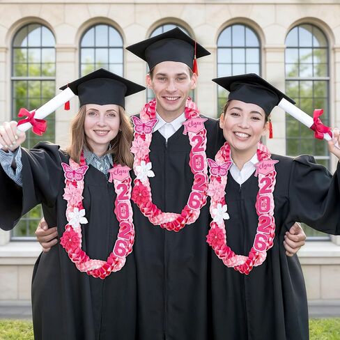 Lairyan 50" Graduation Leis Class of 2026 - Handmade Double Braided Graduation Ribbon Leis with Satin Flowers Glitter Pins for Women Graduation Ceremony Congrats Grad Gifts Party Supplies (Pink) in Saudi Arabia
