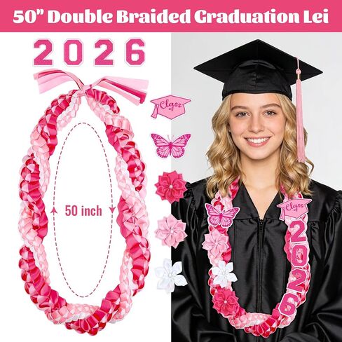 Lairyan 50" Graduation Leis Class of 2026 - Handmade Double Braided Graduation Ribbon Leis with Satin Flowers Glitter Pins for Women Graduation Ceremony Congrats Grad Gifts Party Supplies (Pink) in Saudi Arabia