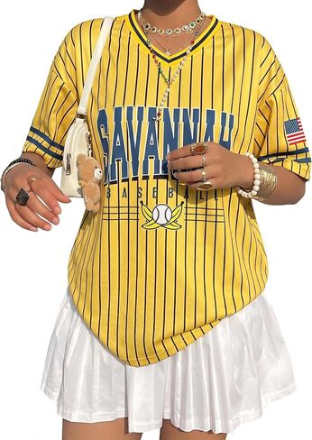 Baseball Jersey Shirts for Women Oversized Game Day Shirt V Neck Baseball Fan Graphic Tees Y2K Short Sleeve Tops in Kuwait