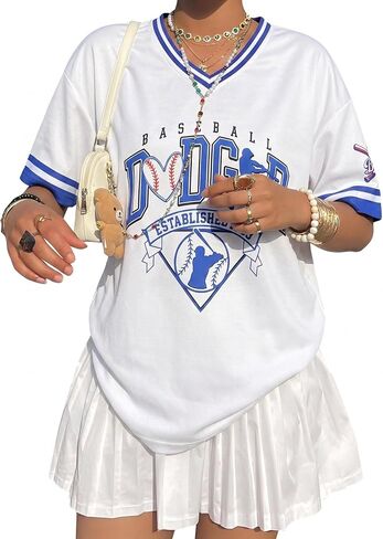 Baseball Jersey Shirts for Women Oversized Game Day Shirt V Neck Baseball Fan Graphic Tees Y2K Short Sleeve Tops in Kuwait