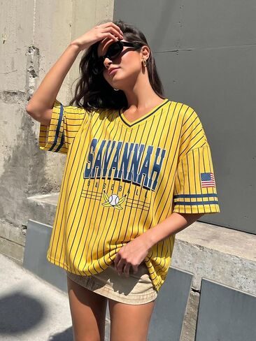 Baseball Jersey Shirts for Women Oversized Game Day Shirt V Neck Baseball Fan Graphic Tees Y2K Short Sleeve Tops in Kuwait