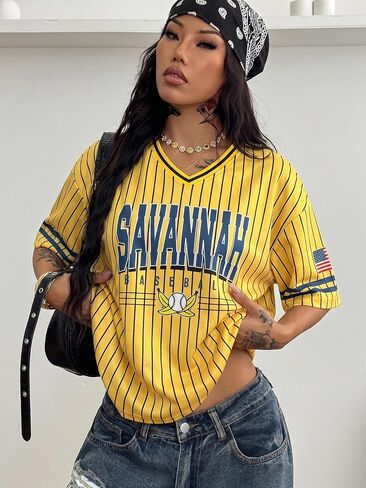 Baseball Jersey Shirts for Women Oversized Game Day Shirt V Neck Baseball Fan Graphic Tees Y2K Short Sleeve Tops in Kuwait