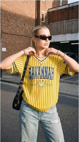 Baseball Jersey Shirts for Women Oversized Game Day Shirt V Neck Baseball Fan Graphic Tees Y2K Short Sleeve Tops in Kuwait
