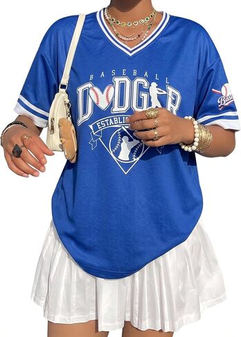 Baseball Jersey Shirts for Women Oversized Game Day Shirt V Neck Baseball Fan Graphic Tees Y2K Short Sleeve Tops in Kuwait