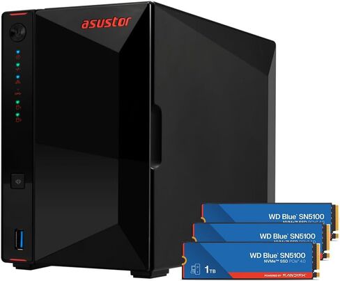 Asustor AS5402T, 2 Bay NAS with 3 x 4TB SSD (WDS400T4B0E), Intel Quad-Core 2.0GHz CPU, 4X M.2 NVMe SSD Slots, 2x2.5GbE Ports, 4GB DDR4 RAM, for Gaming and Live Stream, Network Attached Storage in Kuwait