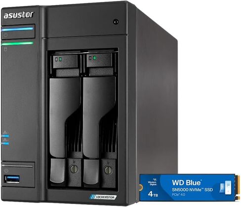 Asustor Lockerstor 2 Gen2+ AS6702T v2 with 2 x 4TB SSD (WDS400T4B0E), 2 Bay NAS Storage, Intel Quad-Core 2.0GHz CPU, Dual 5GbE Ports, 4GB RAM DDR4, 4 M.2 SSD Slots, HDMI, Network Attached Storage in Kuwait