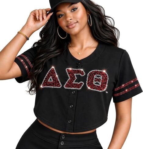 Official Licensed Delta Sigma Theta Design Baseball Jersey - DST Women's Rhinestone Bling Cropped Button-Down Shirt in Saudi Arabia