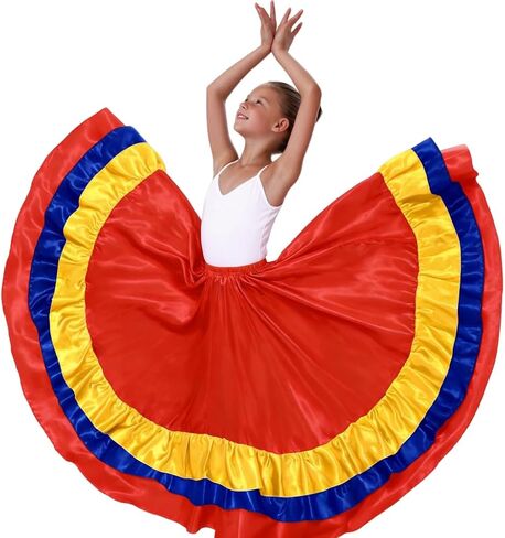 Satin Ruffle Long Full Dance Circle Skirt for Girls Flamenco Folkloric Mexican Belly Ballroom Dance Performance in Saudi Arabia