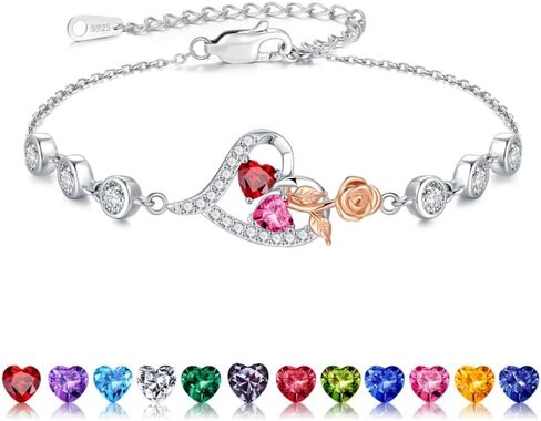 Iefil 925 Sterling Silver Rose Heart Birthstone Bracelets, Anniversary Birthday Gifts for Women Wife Mom Daughter, 6"+2" in Kuwait