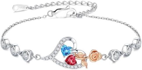 Iefil 925 Sterling Silver Rose Heart Birthstone Bracelets, Anniversary Birthday Gifts for Women Wife Mom Daughter, 6"+2" in Kuwait