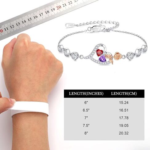 Iefil 925 Sterling Silver Rose Heart Birthstone Bracelets, Anniversary Birthday Gifts for Women Wife Mom Daughter, 6"+2" in Kuwait