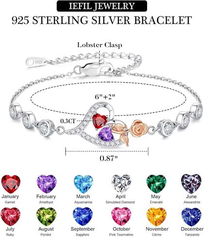 Iefil 925 Sterling Silver Rose Heart Birthstone Bracelets, Anniversary Birthday Gifts for Women Wife Mom Daughter, 6"+2" in Kuwait