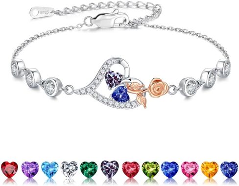 Iefil 925 Sterling Silver Rose Heart Birthstone Bracelets, Anniversary Birthday Gifts for Women Wife Mom Daughter, 6"+2" in Kuwait