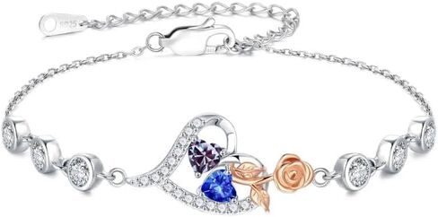 Iefil 925 Sterling Silver Rose Heart Birthstone Bracelets, Anniversary Birthday Gifts for Women Wife Mom Daughter, 6"+2" in Kuwait