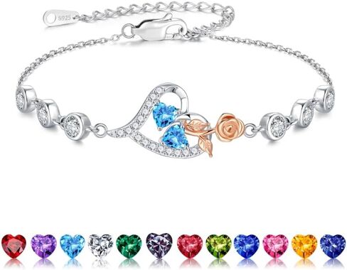 Iefil 925 Sterling Silver Rose Heart Birthstone Bracelets, Anniversary Birthday Gifts for Women Wife Mom Daughter, 6"+2" in Kuwait