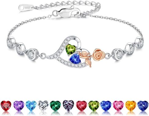 Iefil 925 Sterling Silver Rose Heart Birthstone Bracelets, Anniversary Birthday Gifts for Women Wife Mom Daughter, 6"+2" in Kuwait